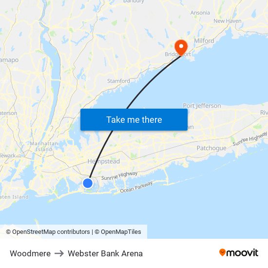 Woodmere to Webster Bank Arena map