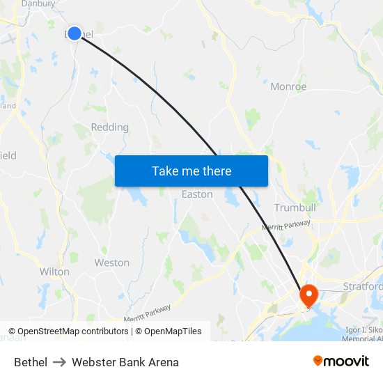 Bethel to Webster Bank Arena map