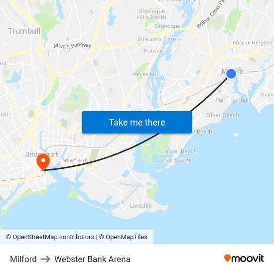 Milford to Webster Bank Arena map