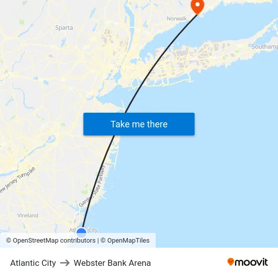 Atlantic City to Webster Bank Arena map