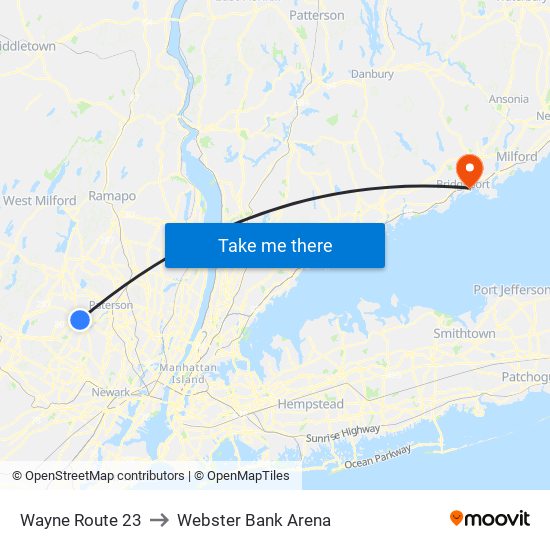 Wayne Route 23 to Webster Bank Arena map