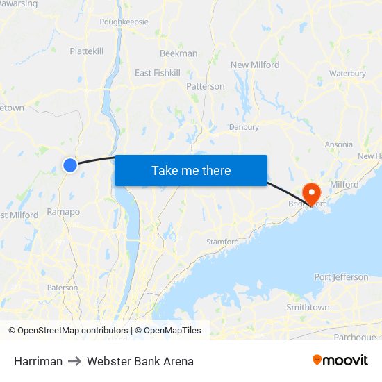 Harriman to Webster Bank Arena map