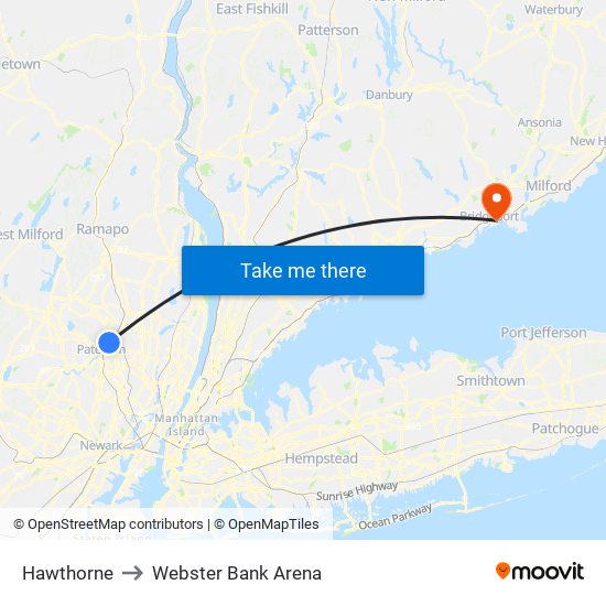 Hawthorne to Webster Bank Arena map