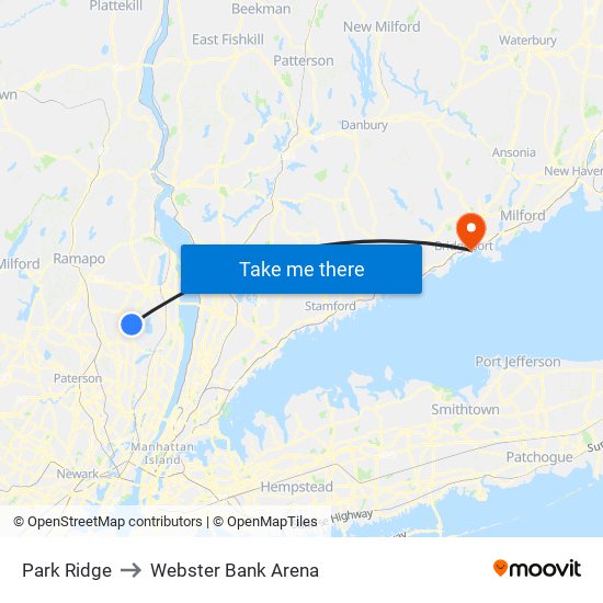 Park Ridge to Webster Bank Arena map