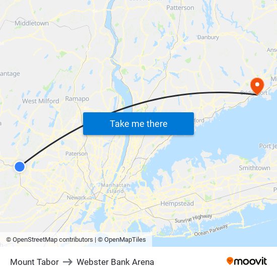 Mount Tabor to Webster Bank Arena map