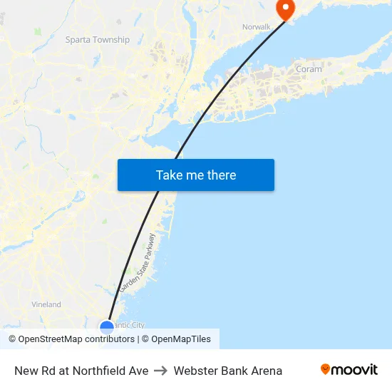 New Rd at Northfield Ave to Webster Bank Arena map