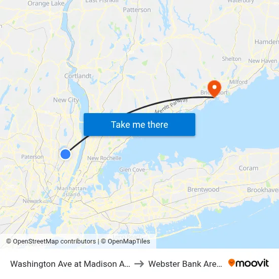 Washington Ave at Madison Ave to Webster Bank Arena map