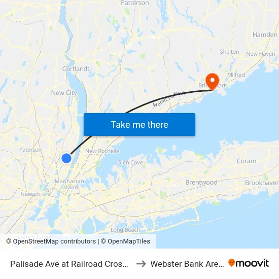 Palisade Ave at Railroad Crossing to Webster Bank Arena map