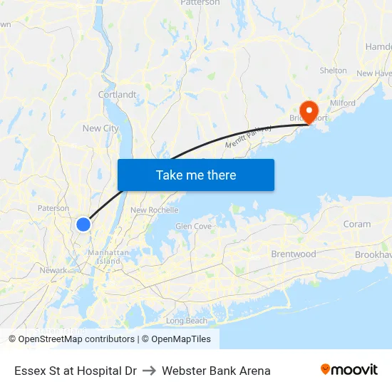 Essex St at Hospital Dr to Webster Bank Arena map