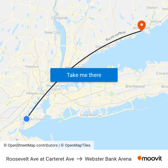 Roosevelt Ave at Carteret Ave to Webster Bank Arena map