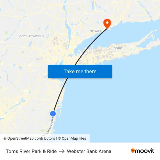 Toms River Park & Ride to Webster Bank Arena map