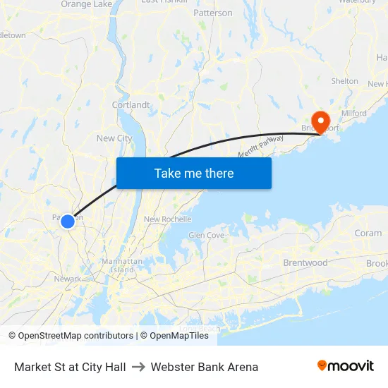 Market St at City Hall to Webster Bank Arena map