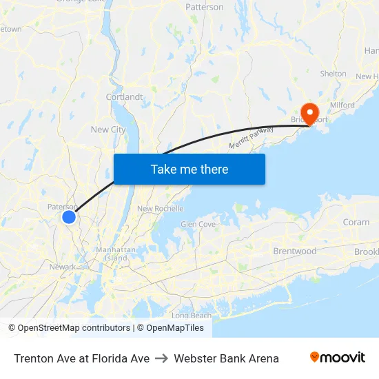 Trenton Ave at Florida Ave to Webster Bank Arena map