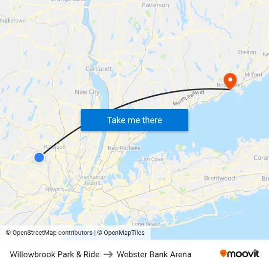 Willowbrook Park & Ride to Webster Bank Arena map