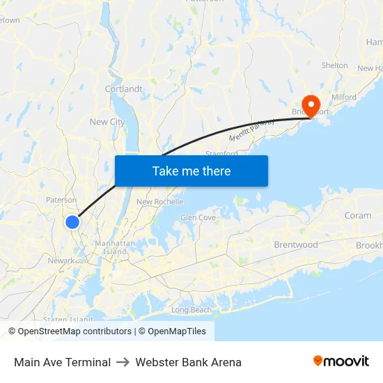 Main Ave Terminal to Webster Bank Arena map