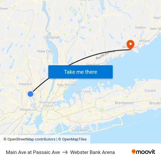 Main Ave at Passaic Ave to Webster Bank Arena map