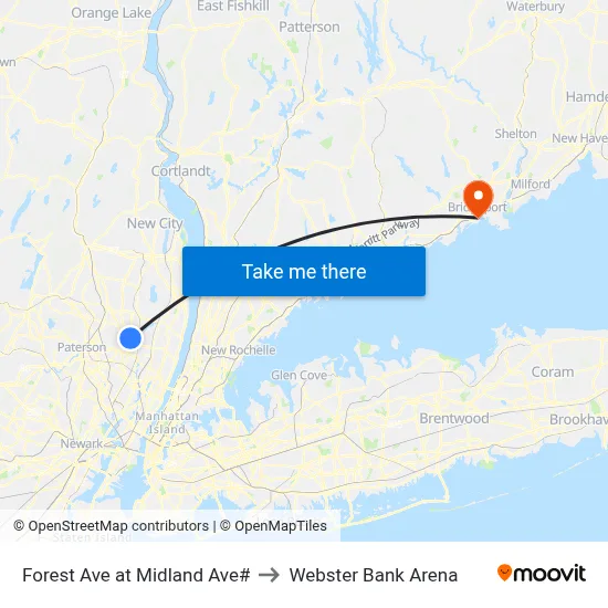 Forest Ave at Midland Ave# to Webster Bank Arena map