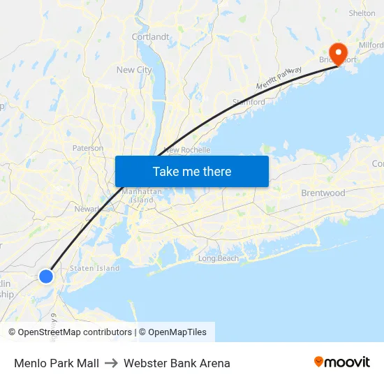 Menlo Park Mall to Webster Bank Arena map