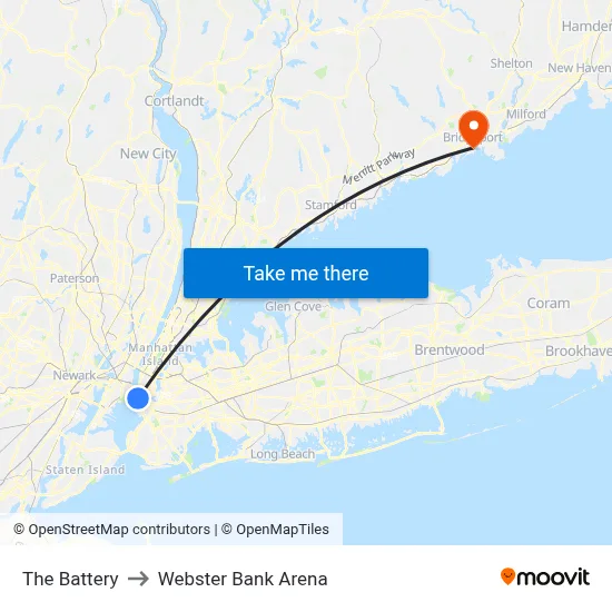 The Battery to Webster Bank Arena map