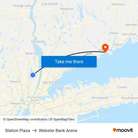 Station Plaza to Webster Bank Arena map