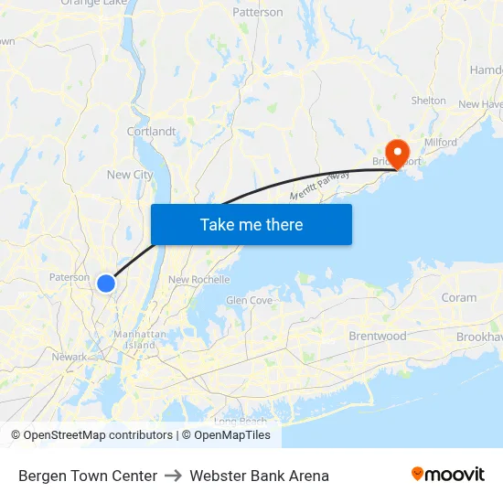 Bergen Town Center to Webster Bank Arena map