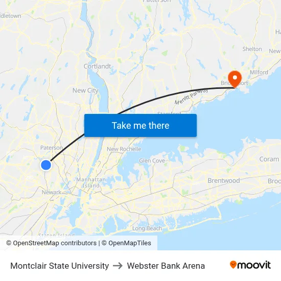Montclair State University to Webster Bank Arena map