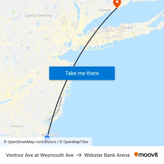 Ventnor Ave at Weymouth Ave to Webster Bank Arena map