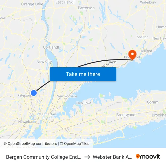 Bergen Community College Ender Hall to Webster Bank Arena map