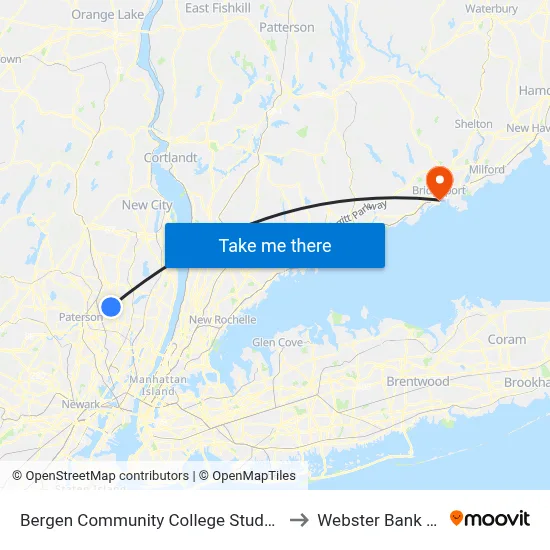 Bergen Community College Student Center to Webster Bank Arena map