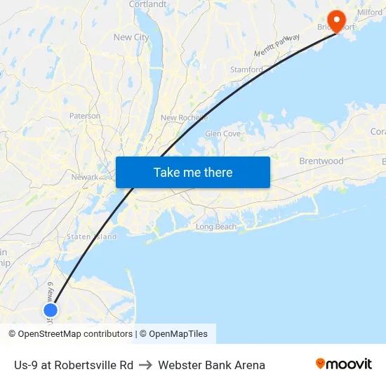 Us-9 at Robertsville Rd to Webster Bank Arena map