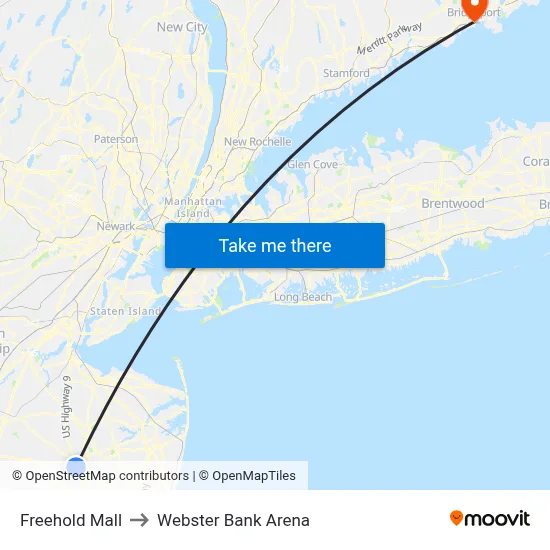 Freehold Mall to Webster Bank Arena map
