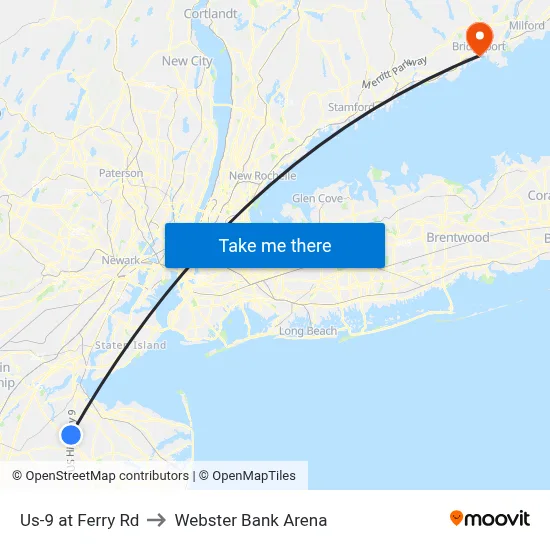 Us-9 at Ferry Rd to Webster Bank Arena map