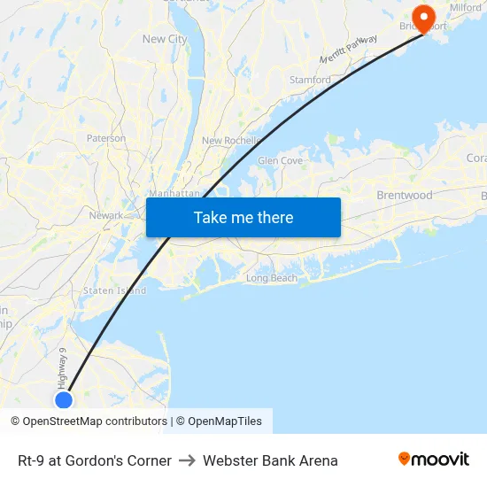 Rt-9 at Gordon's Corner to Webster Bank Arena map