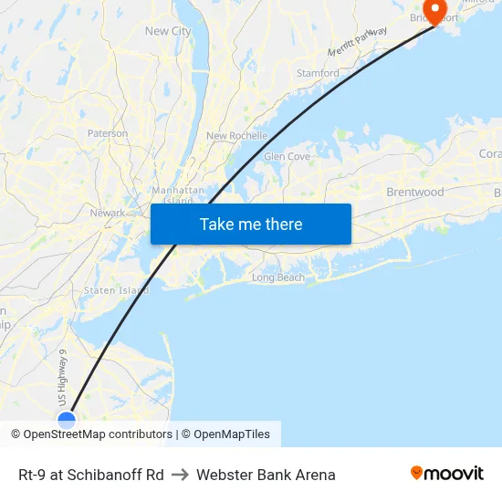 Rt-9 at Schibanoff Rd to Webster Bank Arena map