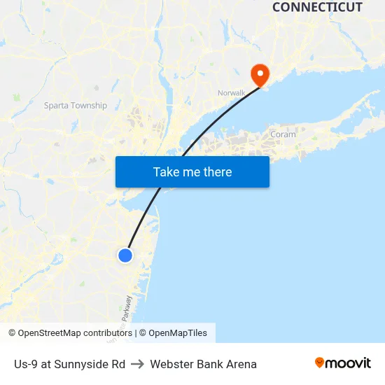 Us-9 at Sunnyside Rd to Webster Bank Arena map