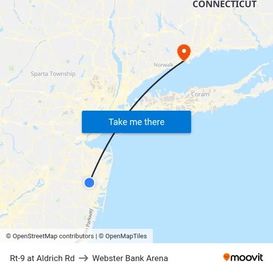 Rt-9 at Aldrich Rd to Webster Bank Arena map