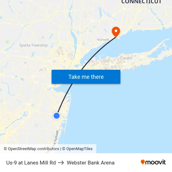 Us-9 at Lanes Mill Rd to Webster Bank Arena map