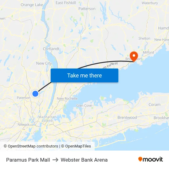 Paramus Park Mall to Webster Bank Arena map