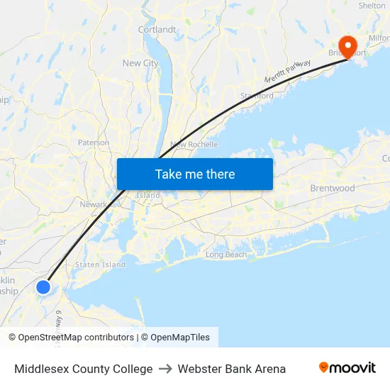 Middlesex County College to Webster Bank Arena map