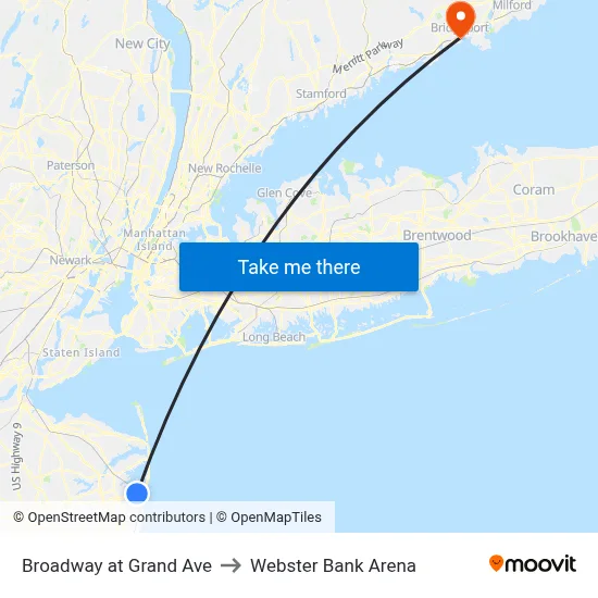 Broadway at Grand Ave to Webster Bank Arena map