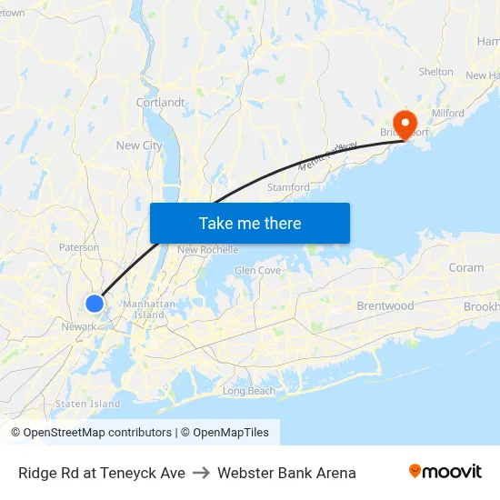 Ridge Rd at Teneyck Ave to Webster Bank Arena map
