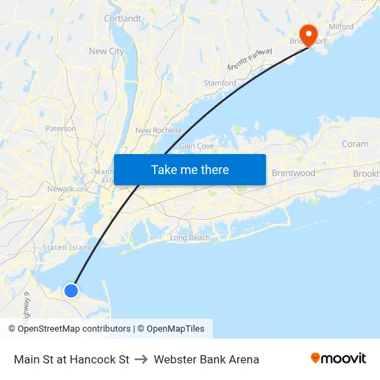 Main St at Hancock St to Webster Bank Arena map