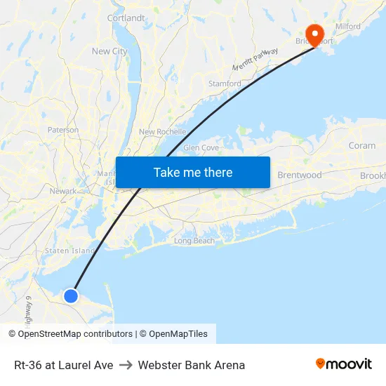 Rt-36 at Laurel Ave to Webster Bank Arena map