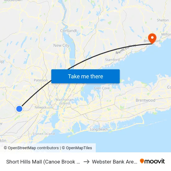 Short Hills Mall (Canoe Brook Rd) to Webster Bank Arena map