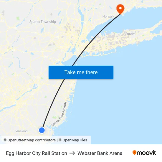 Egg Harbor City Rail Station to Webster Bank Arena map