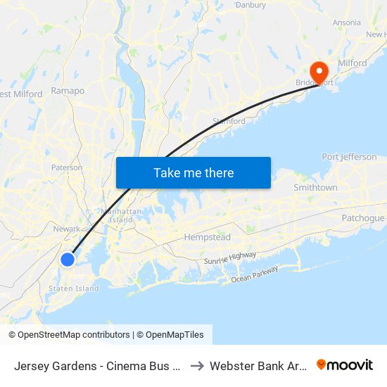 Jersey Gardens - Cinema Bus Stop to Webster Bank Arena map