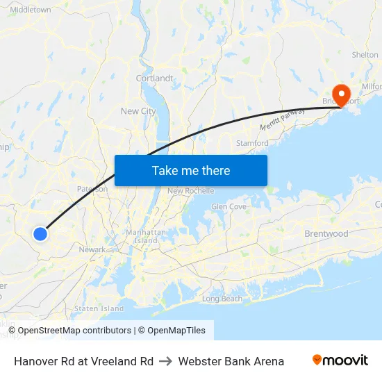 Hanover Rd at Vreeland Rd to Webster Bank Arena map