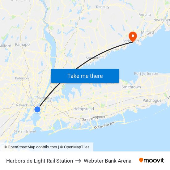 Harborside Light Rail Station to Webster Bank Arena map