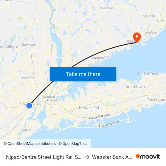 Njpac/Centre Street Light Rail Station to Webster Bank Arena map