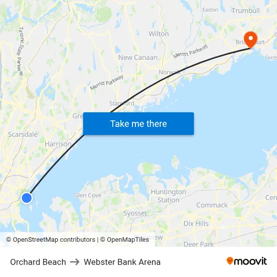 Orchard Beach to Webster Bank Arena map